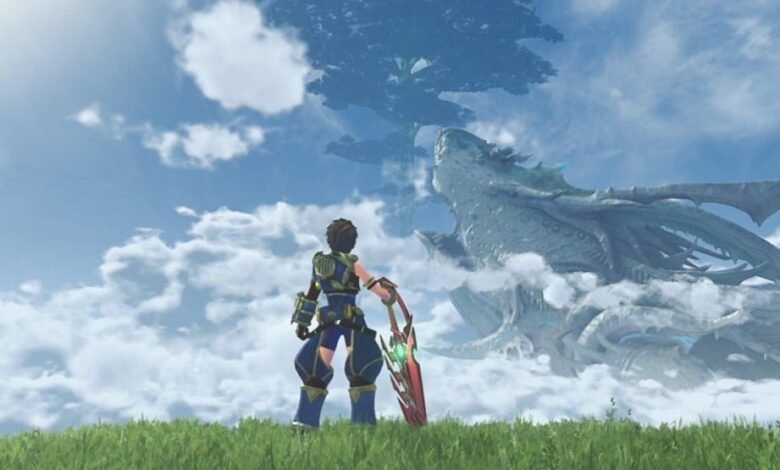 Character stands on grassy hill looking at a giant, cloud-covered structure.