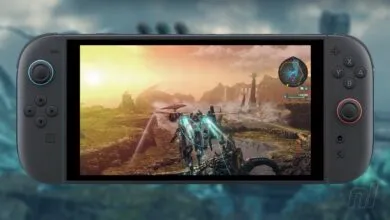 Nintendo Switch OLED displaying a vibrant open-world video game.