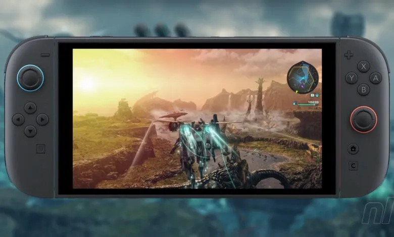 Nintendo Switch OLED displaying a vibrant open-world video game.