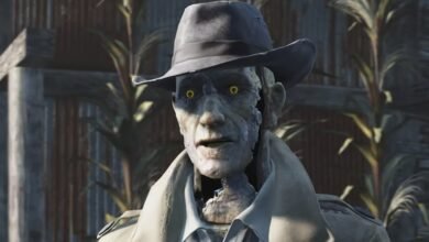 Synth detective Nick Valentine from Fallout 4 with glowing yellow eyes.