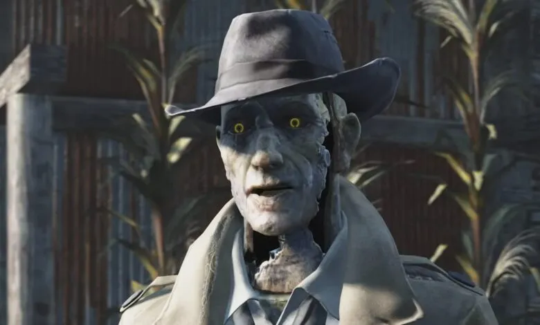 Synth detective Nick Valentine from Fallout 4 with glowing yellow eyes.