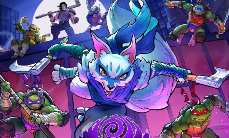 Teenage Mutant Ninja Turtles and a fox-like character in a dynamic, action-packed scene.