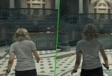Split-screen comparison of a video game character in a detailed lobby.