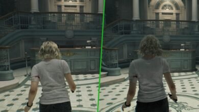 Split-screen comparison of a video game character in a detailed lobby.
