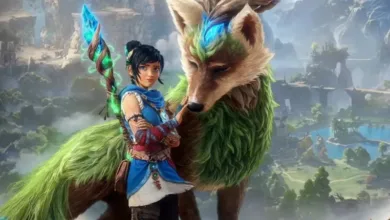 Animated woman with staff pets large fox-like creature in fantasy landscape.