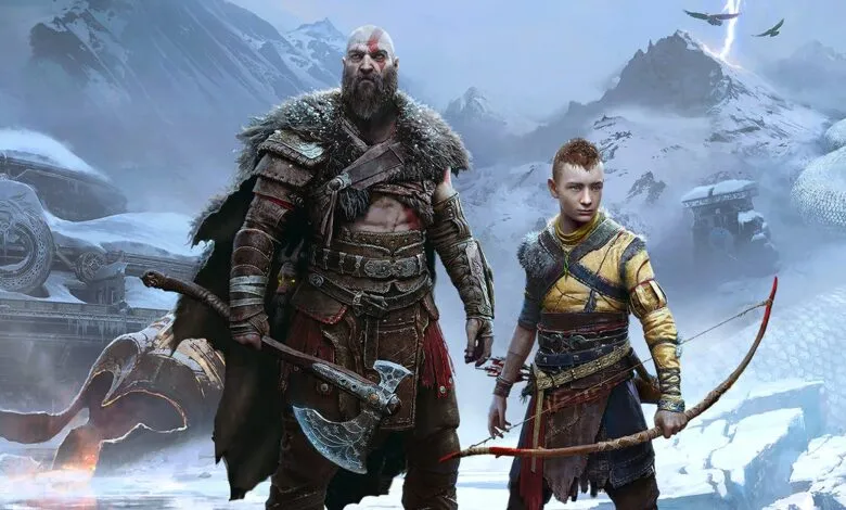 Kratos and Atreus stand ready in a snowy landscape, weapons in hand.