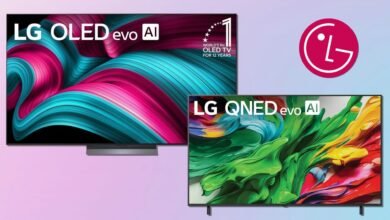 Two LG TVs, an OLED evo AI and a QNED evo AI, on display with colorful screens.
