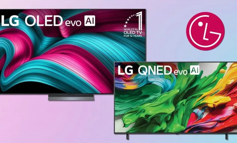 Two LG TVs, an OLED evo AI and a QNED evo AI, on display with colorful screens.