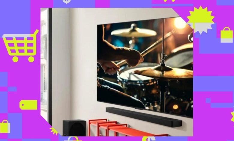 TV and soundbar display with drummer on screen, surrounded by shopping icons.