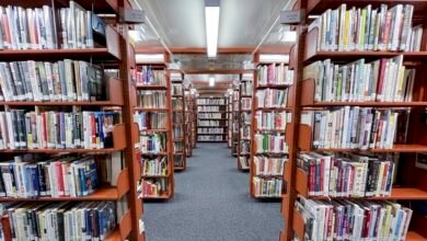 Library aisle with tall shelves filled with books, gray carpet.