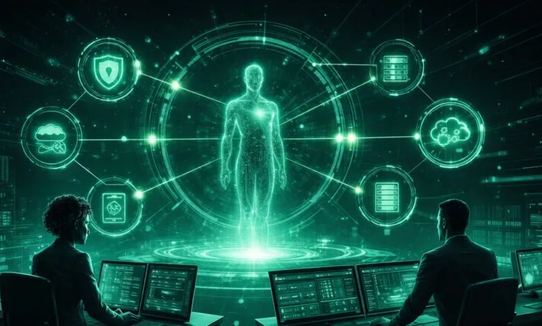 Two people monitor a glowing human figure surrounded by tech icons.