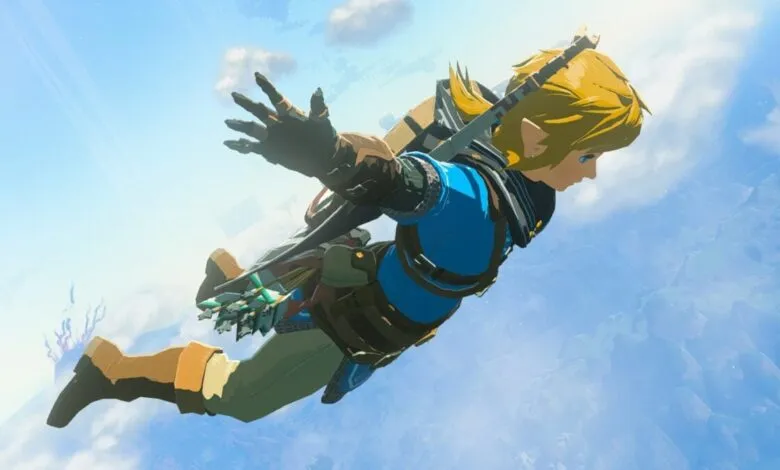 Link from Zelda falling through the sky with outstretched arms.