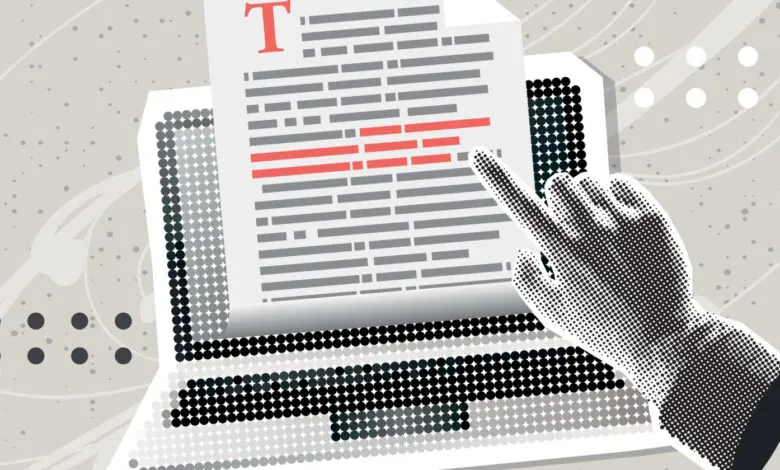 Stylized laptop screen showing text with a hand pointing at it.