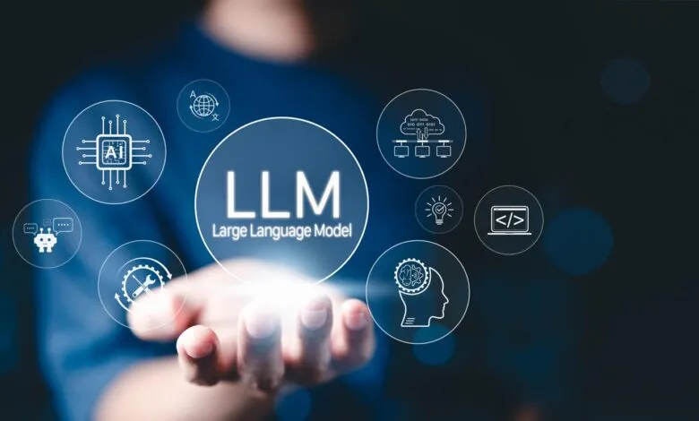 Hand holding LLM (Large Language Model) concept with AI and tech icons.