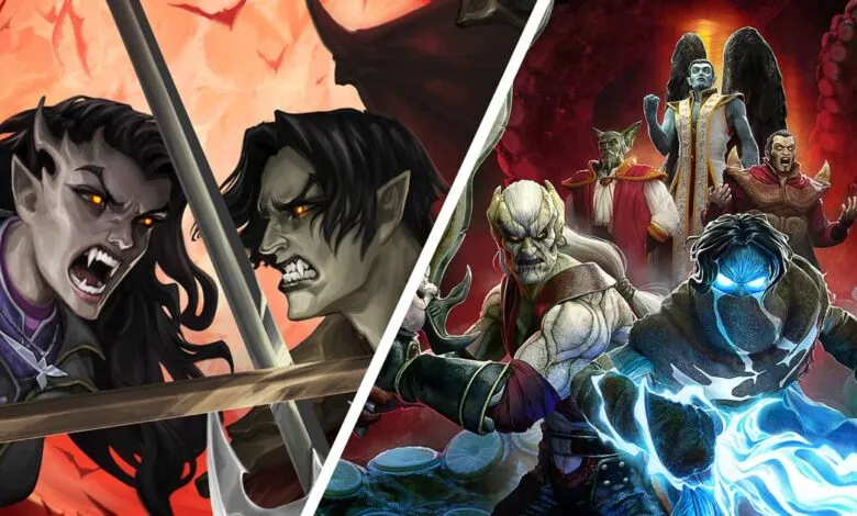Fantasy art split: Vampires with swords and diverse fantasy creatures.