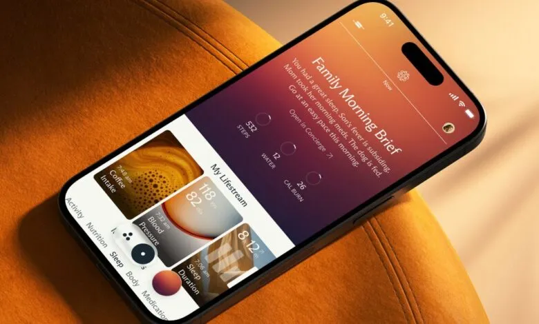 Smartphone displaying health app on orange chair, showing morning brief.