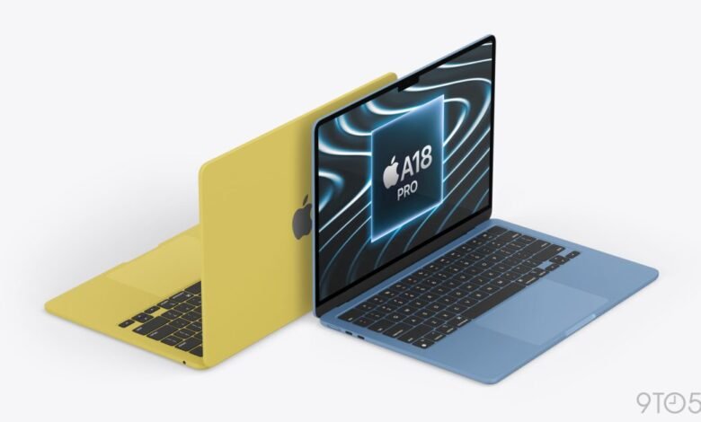 Two new MacBooks, one yellow, one blue, showing A18 Pro chip.