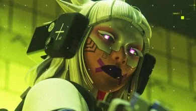 Close-up of a futuristic character with glowing purple eyes and cybernetic enhancements.