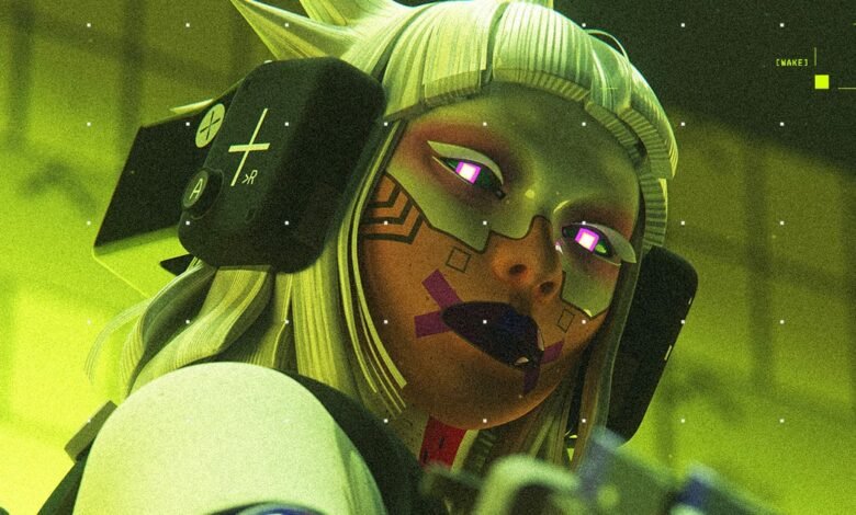 Close-up of a futuristic character with glowing purple eyes and cybernetic enhancements.