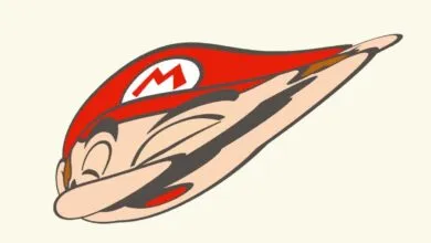 Cartoon drawing of Mario with a red hat and the letter M.