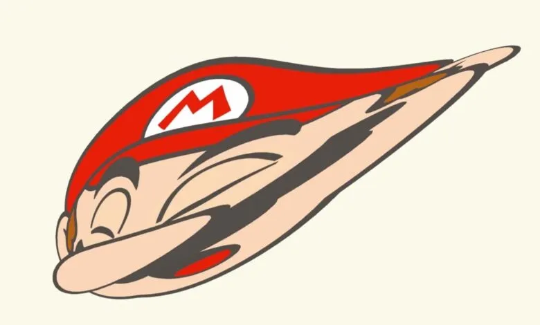 Cartoon drawing of Mario with a red hat and the letter M.