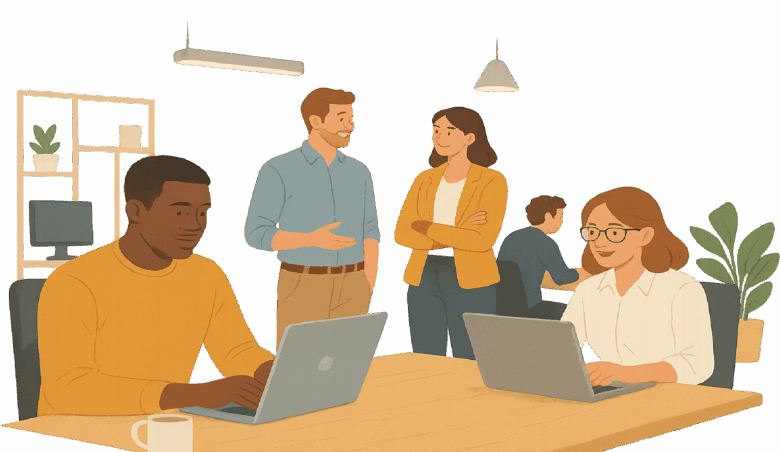 Diverse team collaborates in modern office setting, working on laptops and discussing ideas.