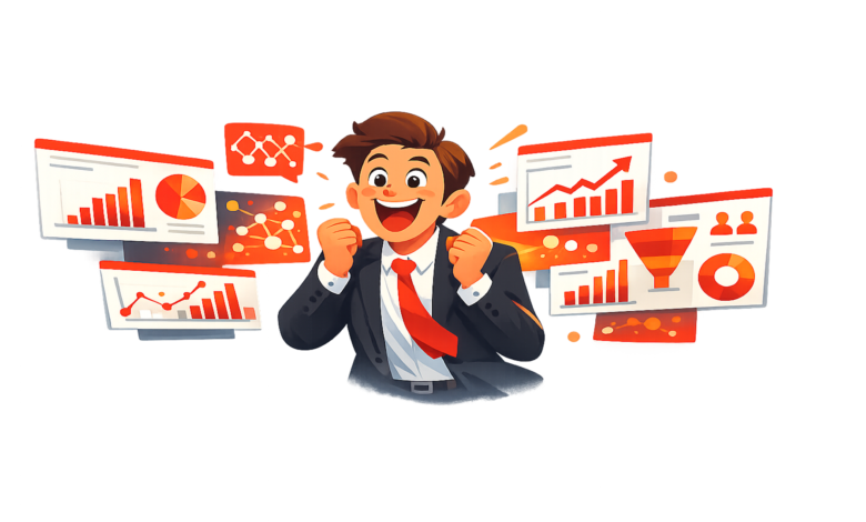 Cartoon man in suit celebrates surrounded by data charts and graphs.