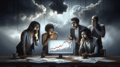 Worried business team looking at a declining stock market chart on a computer screen.