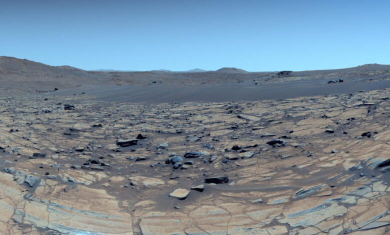 Panoramic view of the Martian surface with rocks, sand, and distant hills under a blue sky.