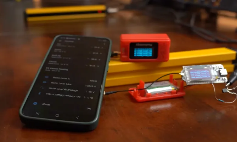 Meshtastic alarm system with phone, display, and sensor setup.