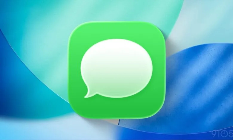 Apple Messages app icon on a blue and green textured background.