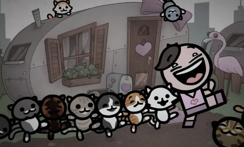 Cartoon image of a person surrounded by cats in front of a trailer.