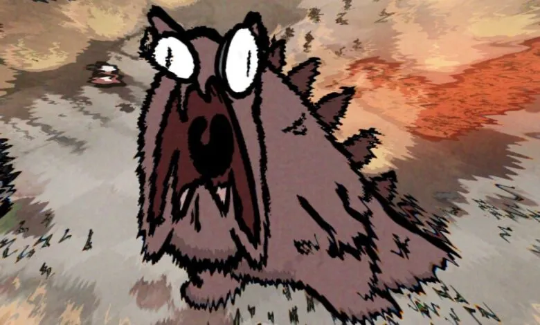 Cartoonish, furry creature with large eyes and open mouth on a distorted background.