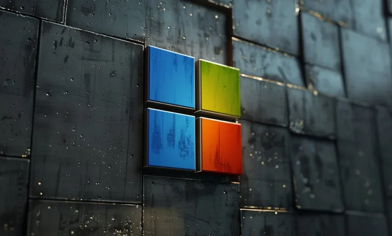 Microsoft logo on textured dark gray wall with blue, green, orange squares.