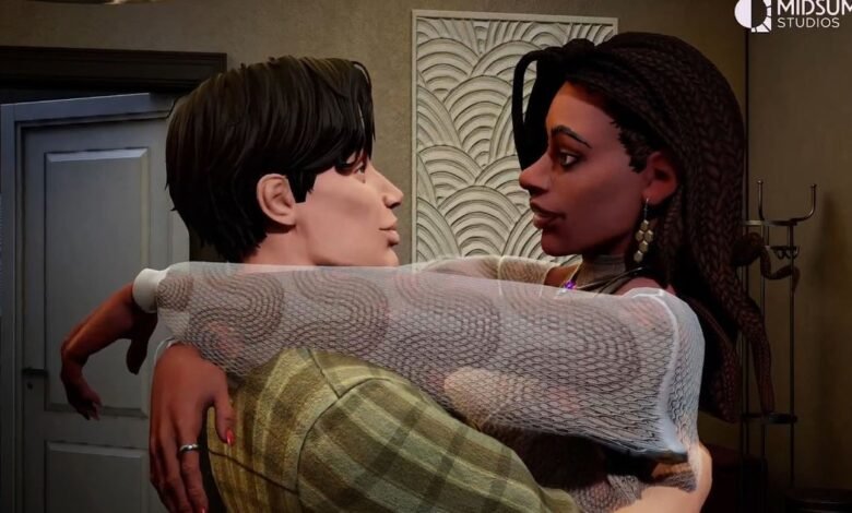 Animated couple embracing, looking at each other with affection.