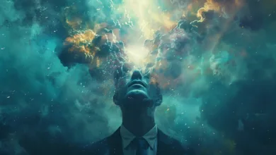 Man in suit looking up at swirling clouds and light, symbolizing inner thoughts.