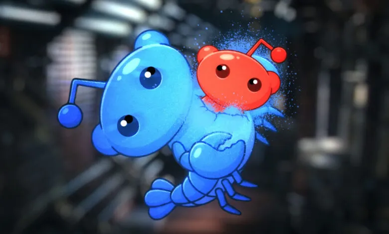 Cartoon chest-burster: blue shrimp with Reddit alien emerging.