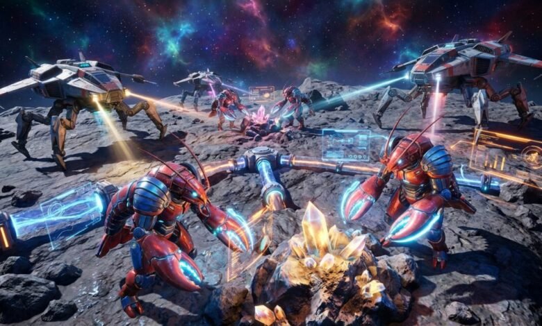 Sci-fi scene with lobster-like creatures and robotic walkers on a rocky planet.