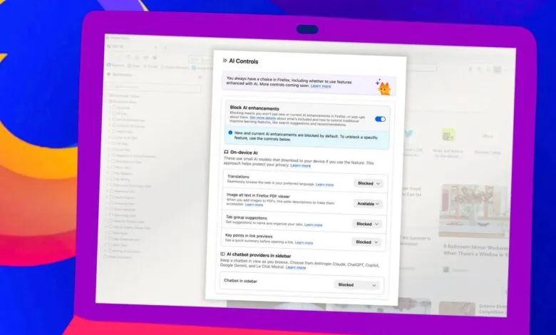 Firefox browser showing AI controls settings on a purple laptop.