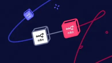 Abstract illustration of connected n8n nodes in blue, gray, and pink on a dark blue background.