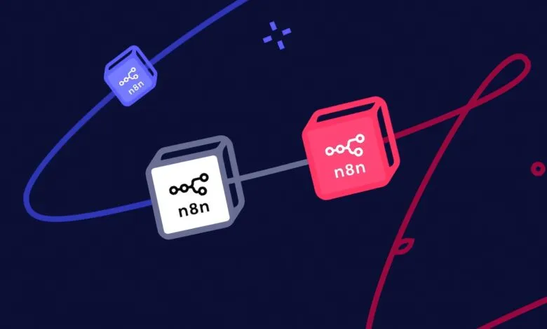 Abstract illustration of connected n8n nodes in blue, gray, and pink on a dark blue background.
