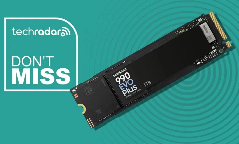 Samsung 990 EVO Plus 1TB SSD on a teal TechRadar background.