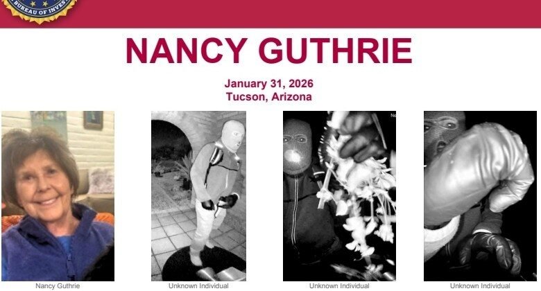 Flyer with Nancy Guthrie's photo and images of masked individuals.