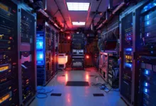 Server room with racks of equipment, illuminated by blue and red lights.