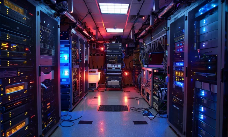 Server room with racks of equipment, illuminated by blue and red lights.
