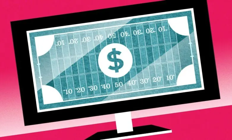 Computer screen displays football field with a dollar sign in the center.