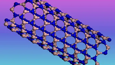 3D rendering of a boron nitride nanotube structure with blue and tan atoms.