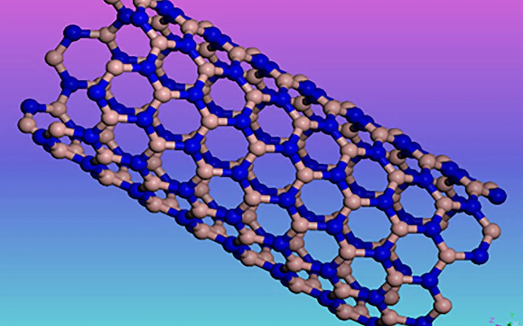 3D rendering of a boron nitride nanotube structure with blue and tan atoms.