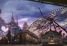 Fantasy cityscape with a large Ferris wheel and whimsical architecture.