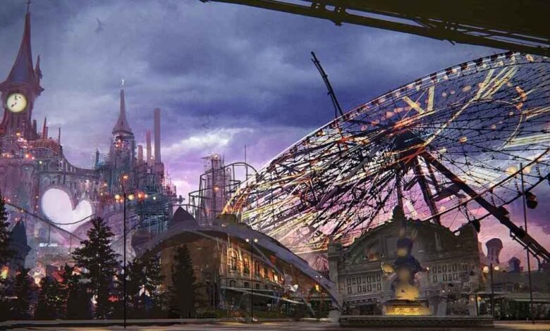 Fantasy cityscape with a large Ferris wheel and whimsical architecture.